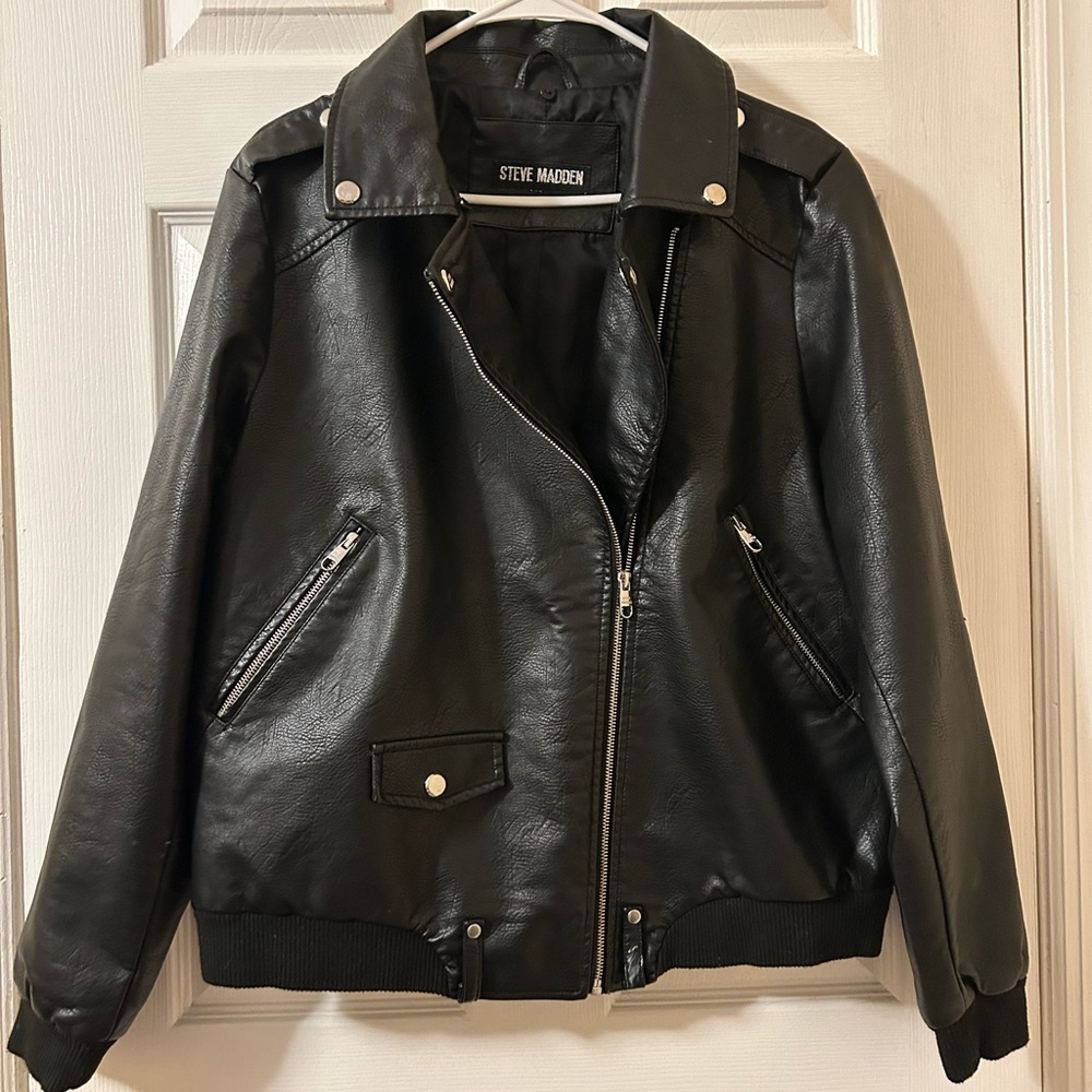 Steve Madden Black Faux Leather Moto Jacket Size: L